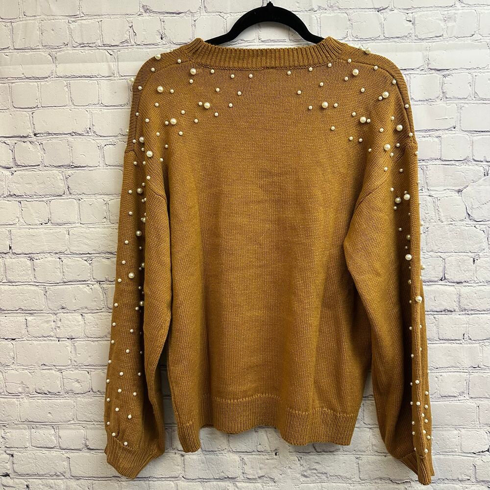 Blooming Jelly Oversized Brown Long Sleeve Sweater Pearl Beaded Women's Medium - Picture 3 of 6